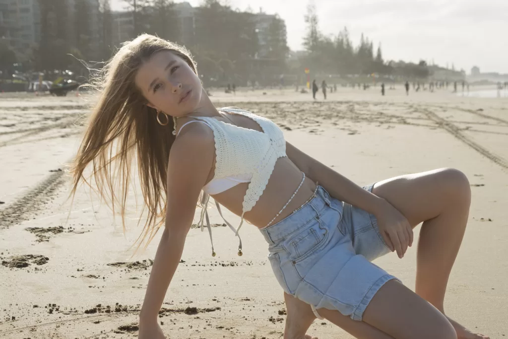 Poppy Hayes teen model at Mooloolaba Beach